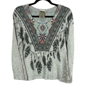 Vocal Aztec Southwestern Lace Long Sleeve Top Medium Grey